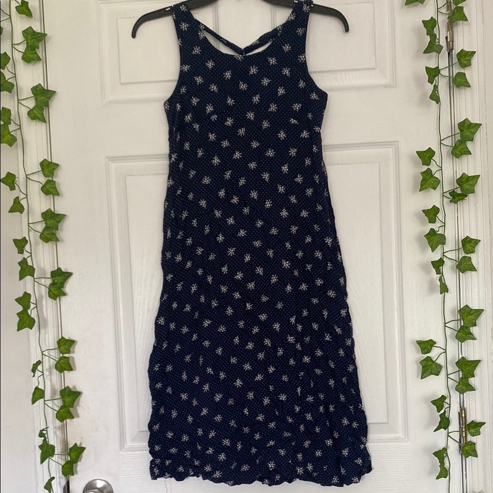 Girl’s Navy Blue & Floral Sleeveless Dress